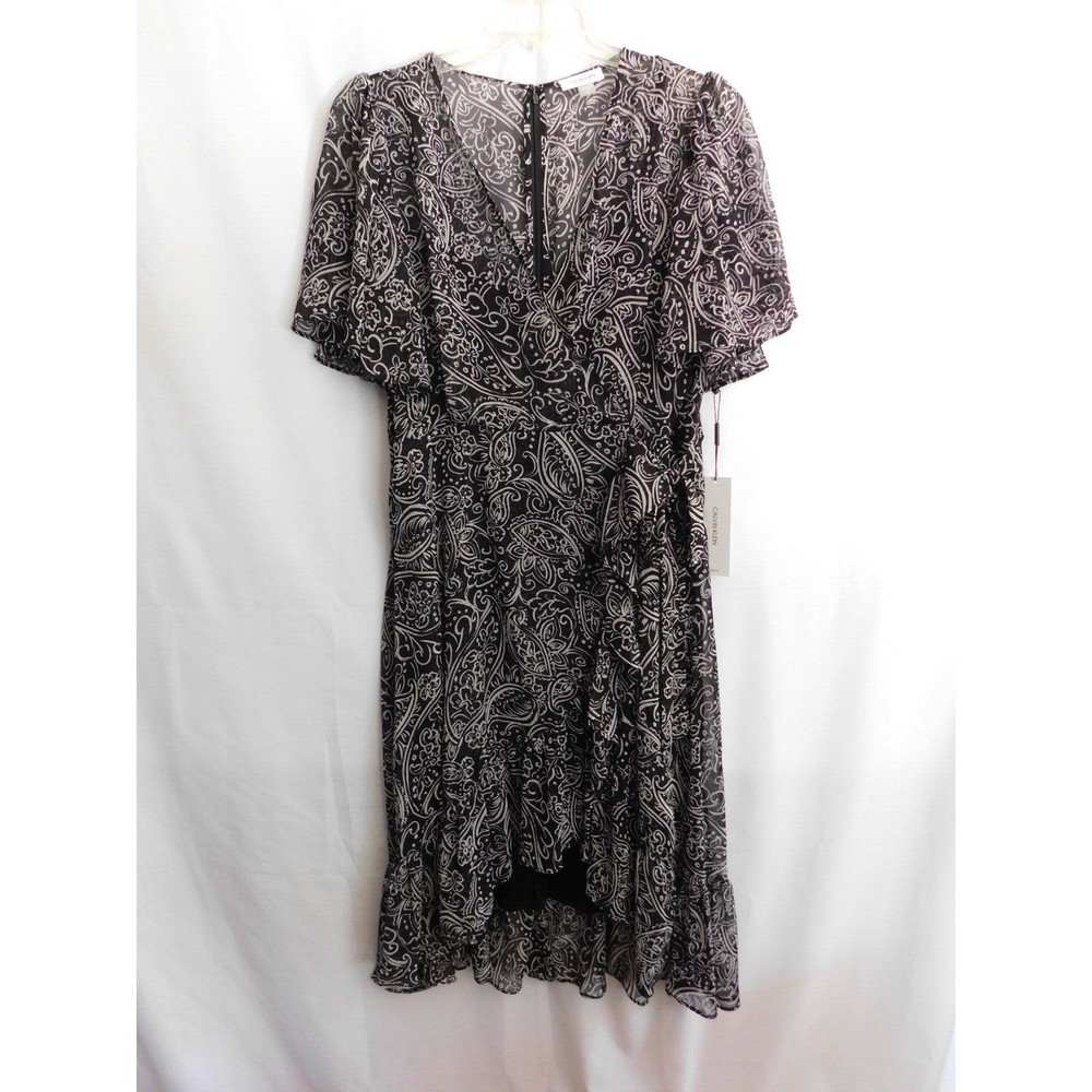 Calvin Klein Dress Faux Wrap Semi-Sheer Black / White Floral Maxi  ~NWT~ - Picture 2 of 9